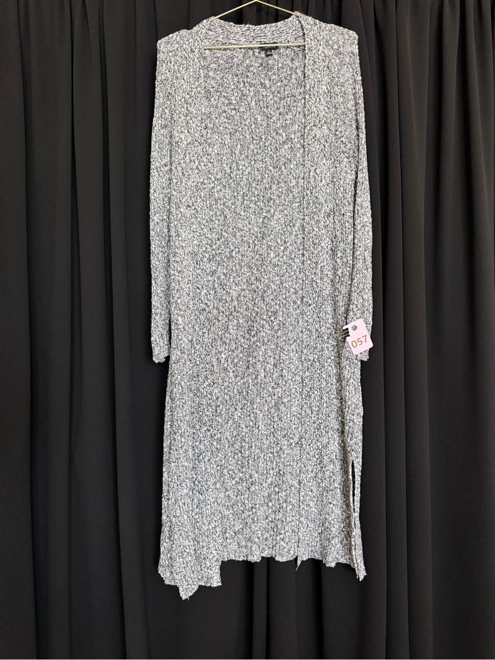 Long Open-Front Gray Marble Knit Cardigan
